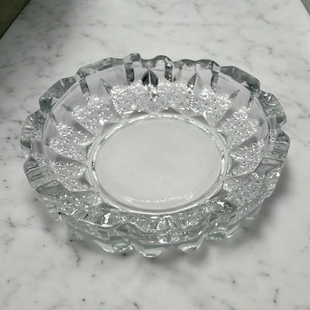 Vintage Heavy Cut Glass Ashtray – 6” Wide Elegant Design Bar Home Office Decor